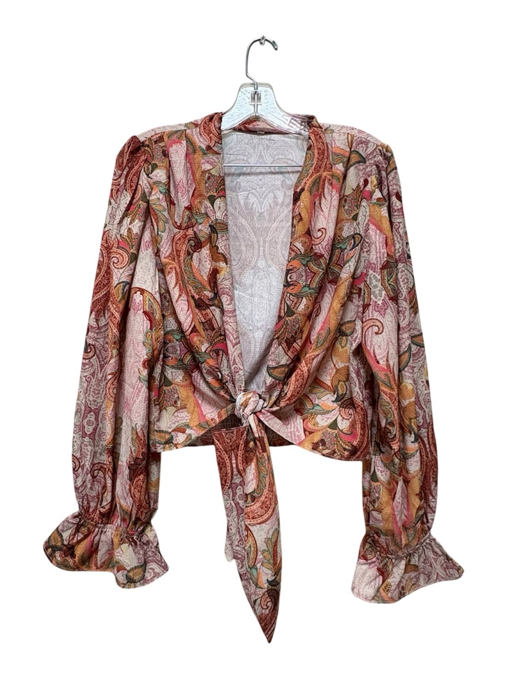Boho Paisley Tie Front Bell Sleeve Crop Top Large